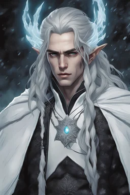 a young high elf frost Sorcerer with long wiry hair and ice across his face, wearing a light and white velvet crop top with black edges, frost ornaments on clothes