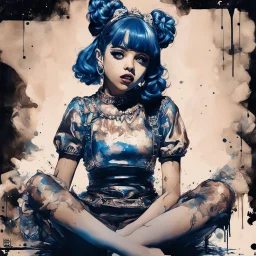 Poster in two gradually, a one side the Singer Melanie Martinez face, full body, sit pose, painting by Yoji Shinkawa, darkblue and sepia tones,sinister, detailed iridescent, metallic, translucent, dramatic lighting, hyper futuristic, digital art, shot with Sony Alpha a9 Il and Sony FE 200-600mm f/5.6-6.3 G OSS lens, natural light, hyper realistic photograph, ultra detailed -ar 3:2 -q 2 -s 750,malevolent goth vampire girl face and other side