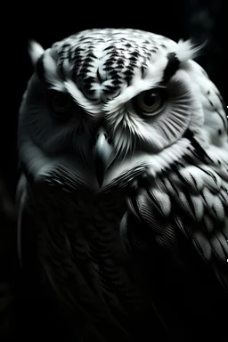 Closeup of a white owl. Evil. Dark. Black magic. No detailed background.Magical. Epic. Dramatic, highly detailed, digital painting, masterpiece Negative: worst quality, blurry, bad quality, grayscale,malformed face, deformed, deformed face, deformations