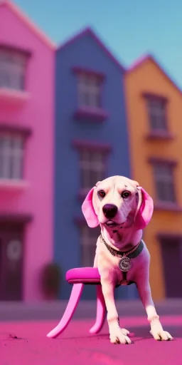 Snoop dogg, sitting. a chair. pink houses, pink sky, pink smoke, trees, outdoors. Groove street. 28mm