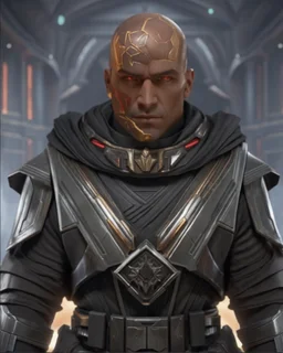 star wars bald male corellian jedi wearing gunmetal grey and black old republic armored flightsuit with gold and metallic red trim inside the jedi temple, centered head and shoulders portrait, hyperdetailed, dynamic lighting, hyperdetailed background, 8k resolution, volumetric lighting, light skin, fully symmetric details