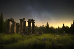 ancient ruins in the dark forest at night starry sky