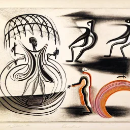 drawn in single line by Nicolai Blatter with hatch with parallel wavy lines metal engraving with african man dance procession in salvador dali style or picasso style