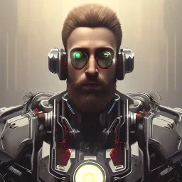 white cyberpunk cyborg men with 3 day beard portait realistic sci fi dirty face and cheap implants focused on face red and white bionic eyes