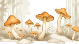 chanterelle muhsrooms in a row filled the area in style of drawing on a white background