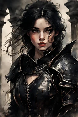 a young black-haired girl in medieval black armor on the castle grounds, vivid emotions, watercolor, photorealism, dark fantasy, bad weather, gloomy day, dark world, sketch art, fine lines, grunge, sensual, darkness, by Raymond Swanland & Alyssa Monks & Anna Razumovskaya