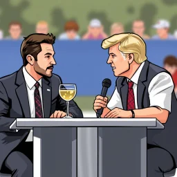 A candidate from the Cocktail Party debates a candidate from the Tailgate Party.