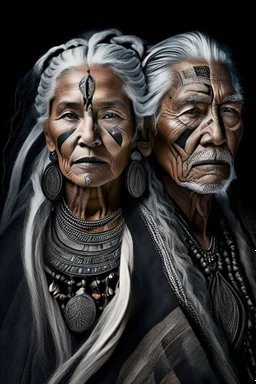 a photo of an Aztec man and woman with ethnic jewelry, grey hair and grey flowing robe, in style of Annie Leibovitz, contemporary portrait of a mature yet beautiful and modernist, black and grey, detailed face, swirling fluid smokey enigma, award-winning artwork