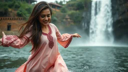 Hyper Realistic Photographic Close Shot Of A Beautiful Pashto Woman With Long Brown Wet Hair Wearing A Pink Frock And Maroon Embroidery Happily Jumping On A River Water And Enjoying Rain With A Beautiful Waterfall And Cloudy Weather At Heavy Rainfall Showing Dramatic And Cinematic Ambiance.