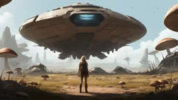 Concept art. Medium shot. A skinny 50-year-old woman standing, hands on hips, in brown shorts, shirt, and boots, standing next to a squat cargo spaceship, sitting in a clearing, in a derelict alien town with mushrooms and fungi.