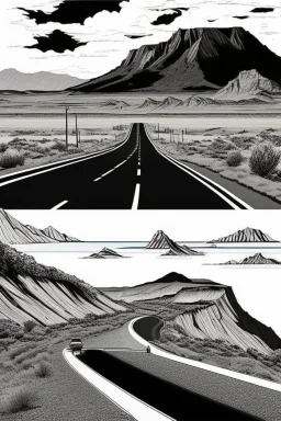 "Create a captivating line art representation of a motorhome road trip. Illustrate a motorhome cruising down a scenic highway, capturing the sense of adventure and freedom. Utilize fine lines to emphasize details like the open road, landscape, and the motorhome itself, evoking the spirit of travel and exploration."