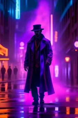 magician stands in the street, color oragne, violet, dark, neons, mist, in style of blade runner