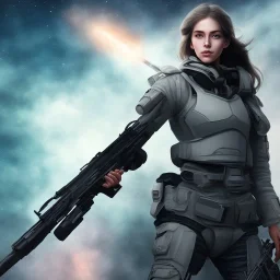 A girl with a beautiful and large military rifle in the galactic space