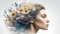 white background, Magic secret on the top of a woman’s head, in her hair, double exposure, high resolution, fine rendering, high detail, 3D, flowers, city on her head, fantasy, wind blowing hair,