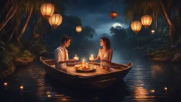 Hyper Realistic Romantic Couple doing candle-light-dinner on a fancy-romantic-wooden-boat in the middle of the river at dark night with sky-lanterns flying in the middle of a jungle