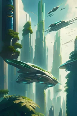 A breathtaking cityscape of a futuristic metropolis, with towering skyscrapers covered in lush, vertical gardens, and sleek, flying vehicles zipping through the sky.