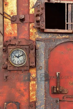 african portrait in rusted clocks, rust, scaffolding, perfect face, high detail