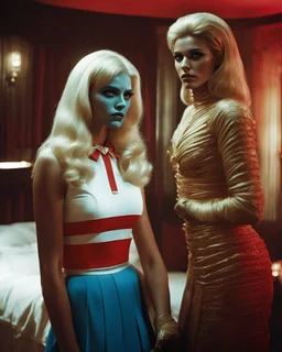 [vintage style noisy scratches glitches, Shot the texture and then rewound the film and double exposed from a colorful 1970s Italian movie] As the hot blonde cheerleader and the xenomorph mummy faced each other in the eerie hotel room, a palpable tension filled the air. The cheerleader, her youthful exuberance contrasting with the mummy's ancient horror, stood poised for a confrontation unlike any other. The xenomorph mummy, a fusion of unearthly terror and decaying majesty, regarded the cheerle