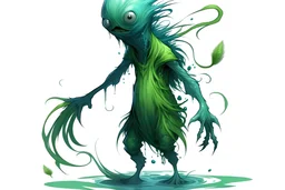 A thin humanoid water sprite with teal colored skin with goose bumps and pointed ears that look like pea pods and hair made of green seaweed and webbed hands clothed in wet slimy green sea weed like clothing