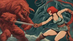 Full-body retro photo of a woman with straight red hair and a Fringe, in a fight with a monster, wrapped in tenacles, in an action pose, sci-fi Background