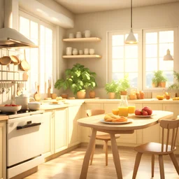 kitchen, table full of food , close up breakfast , blender 3d render , realistic, hidden object game style, detailed, 4k, breakfast on the round table, interior, italian view, a lot of different food, cozy , soft colors, soft light, wooden table , fridge, stove, kitchen appliances, modern, cupboards, curtains, round windows, plants , macro , boho style