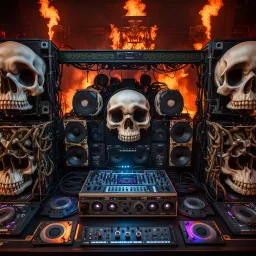 DJ of the damnded, insanely detailed DJ booth in hell, MID set, speakers and equipment made of bone, anatomically correct, add more skulls in th audience, photorealism, vray, 8k 3d, woofers in all empty eye sockets of stage equipment, wide angle, telephoto, from audience, all multicolored skulls,