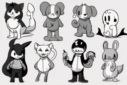 6 very simple and cute dark cartoon characters that I could draw