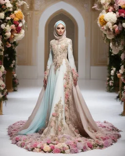 Full body Photography art fashion show event,islamic fashion show cat walk gorgeous super model Beautiful woman iranian hijab ,dressing luxury design wedding gown made of flowers ,full of various kinds of flowers,soft colors