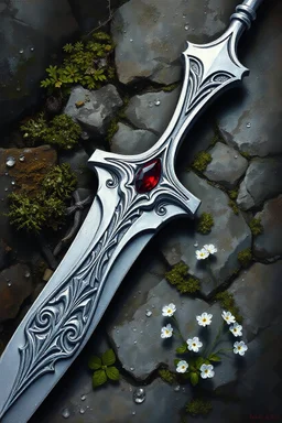 Oil painting, silver dagger lays on bed or rock, lichen, moss and small white flowers covered in dew, hilt is intricate embedded with single ruby