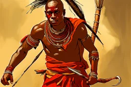 Massai warrior hyper-realistic,hyper-detailed fantasy art;, accurate anatomy and eyes style of Thomas Wells Schaller