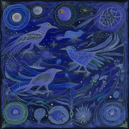 A violet outer space with alien birds designed in native American petroglyphs painted by Diego Rivera