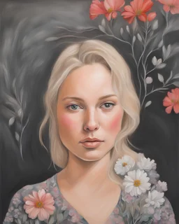 portrait, acrylic, fine drawing, blonde, Pregnancy, flowers,