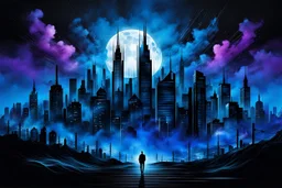 A vibrant blue energy betwen the houses, a deep black, purple sky. the essence of the energetic and captivating , in nightly scene in the higtech cyber city where a human siluette standing in fog, looking to the city. On towers codes languages. surrealism and minimalism, abstract symbols, splash art, black drawing with ink, blurring effect