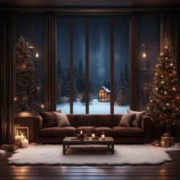 Hyper Realistic Dark Brown Living Room With Small Empty Wooden Frame & Fancy Velvet Furniture & Christmas Decoration at snowfall night from window view