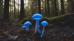 Glowing blue mushrooms float in a dark forest at dusk