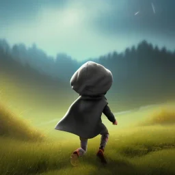 thick oil paint of a tiny little character with long hair a grey hood covering face and a grey cloak side-running up a green grass hill, rimlight, profile, silhoutte, flare, colorful, joyful, bright, epic, realistic, detailed, sky in the background, happy pose, more colors, dragon flying over the mountains