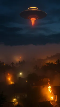 A top view of village is burning and ufo in the sky is hovering at night with foggy smoke skies
