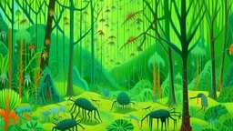 A lime green forest with spiders and grasshoppers designed in Mexican folk art painted by the Limbourg brothers