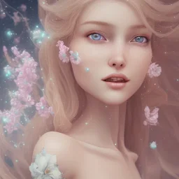 fairy style, head, women, portrai,long hair beautiful one nude body of a make up smiling woman blond long hair, alone, high key lighting, volumetric light high details with white stripes and blue eye, smiling with plump pink lips, flowers around, unreal engine petit prince belle fine, profil de trois quart, grand front cosmique, peau bleu cristalline, yeux bleu, perle sur le front long cheveux blond et rose etoilé, cristaux sur le corps, collier de grande princes