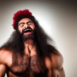 Muscular vampire with muslim beard, afro, and vampire teeth