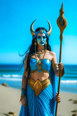 A picture of a beautiful blue faced indian goddess with skin painted blue, blue painted body, blue painted torso, wild black hair, stag antlers, elven ears, golden skirt, holding a staff on a sunny beach