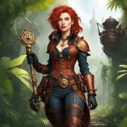 Meet her, a daring steampunk adventurer with an intricately designed brass-and-copper exoskeleton that enhances her agility and strength. With her wild, copper-red hair, she navigates lush jungles and forgotten ruins with her versatile gear, including a steam-powered grappling hook and a clockwork compass that always points to adventure. Adorned in a leather duster and fitted corset [Shattered Image, Shot the texture, rewind the film for double exposition from multiple 1979 B colour movies]