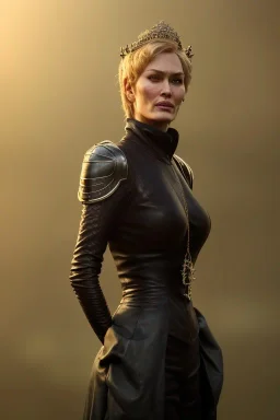 Cersei Lannister as evil queen in black leather, lena headay, leather, busty, cleavage, angry, rage, stern look. character design by cory loftis, fenghua zhong, ryohei hase, ismail inceoglu and ruan jia. unreal engine 5, artistic lighting, highly detailed, photorealistic, fantasy