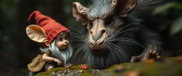 close up on pixie gnome and a giant troll intense huge funny mouse, with background motion blur, in magical forest scene, in the style of Rembrandt