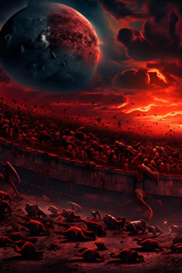 A lot of Prisoners line up in hell in front of a big wall , red clouds in the sky with huge amount of dead people laying on the ground