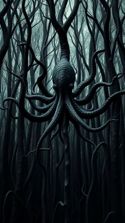 trees background of black vein, human veins, mixing together a lot of them, like a forest, big and small veins a lot of them, a black creature looks like an octopus with many arms
