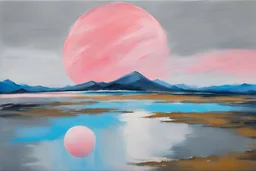Grey, blue, and pink abstract painting with planet, and lake, impressionism paintings