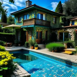 casa de gran tamaño de dos pisos con pileta y jardín estilo Van Gogh