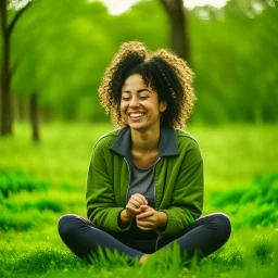 "A person smiles and feels contentment and serenity while practicing meditation in nature. They may be sitting on the grass or by a tranquil lake, placing their hands on their knees, and blissfully closing their eyes."\