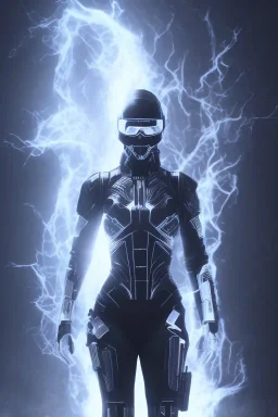 All Black suit Ana de Armas soldier, ghost, wearing high tech mask, white smoke, dark, rage, sorrow, high definition, ultra 8 k, volumetric lighting, blue fire, fog